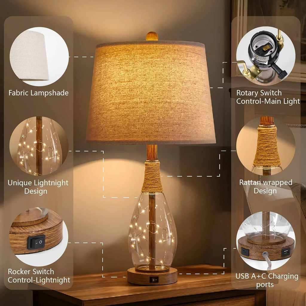 Modern Farmhouse Nightstand Lamps Set of 2 with USB Charging, Rattan Glass Design for Bedroom Living Room
