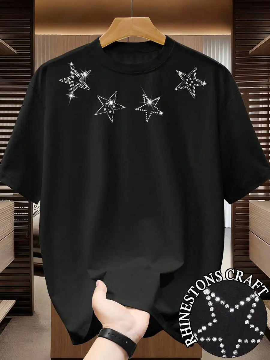 Men's Black Short Sleeve T-Shirt with Sparkling Rhinestone Dot Pattern, Casual Loose Fit