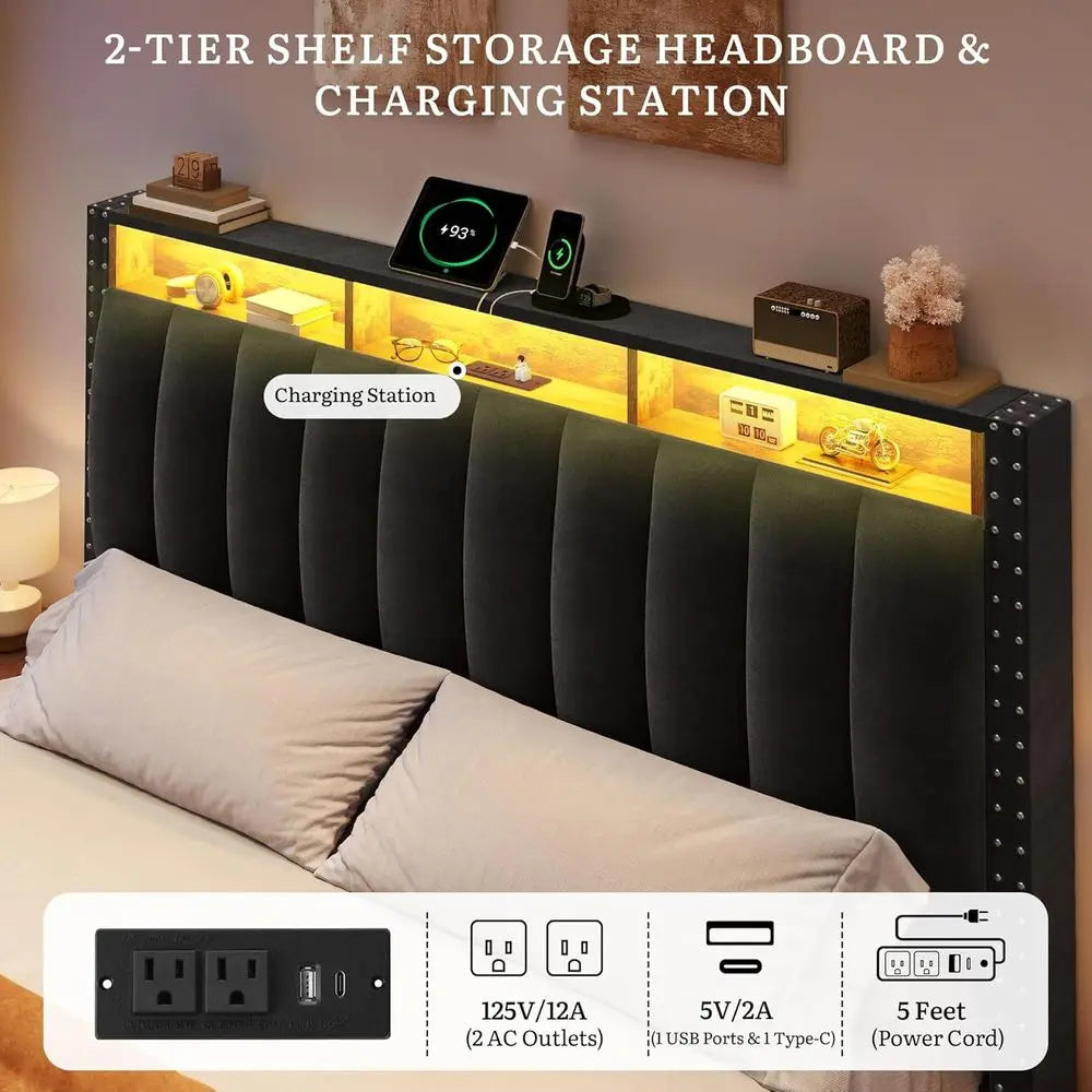 King Size Bed e with 4 Storage Ders and RGB LED Lights, Velvet Upholstered Platorm Bed with Charging Station and Bookcase Storag