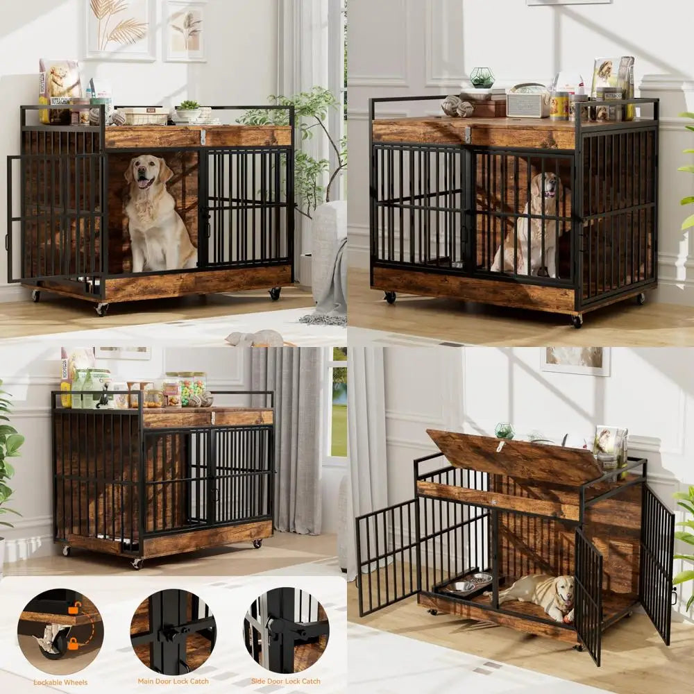 Extra Large Heavy Duty Dog Crate with Wooden Table and Stainless Steel Bowls for Large Dogs, XL Dog Kennel Furniture