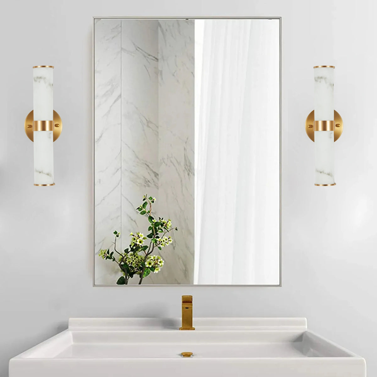 2-Pack Electroplated Gold Wall Sconces with Marble Pattern Shades, Indoor Decorative Wall Lights for Living Room Hallway Bedroom