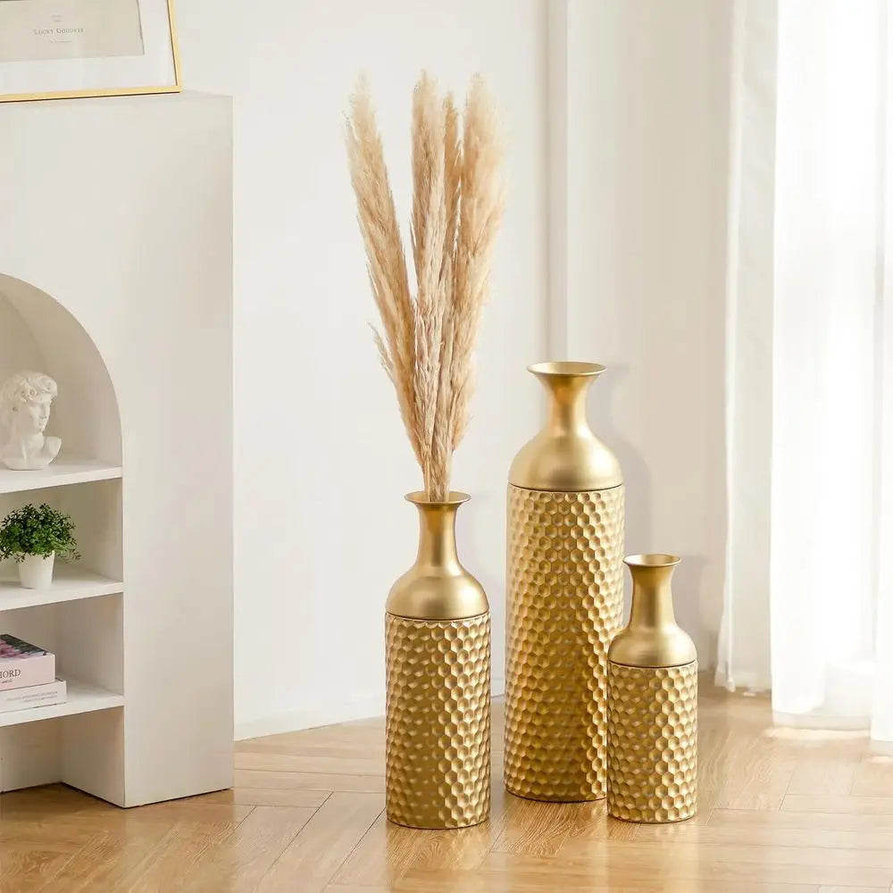 Tall Gold loor Vase: 27in Large Metal loor Vase Decorative Tall - Set o 3 ern eycomb Texture Big Standing Vases or Living Room D