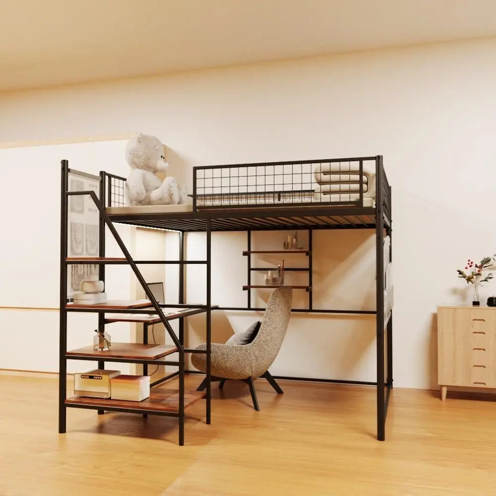 Full Size Metal Loft Bed with Stairs, Desk, and Charging Station for Small Rooms, Dorms, and Apartments, Black