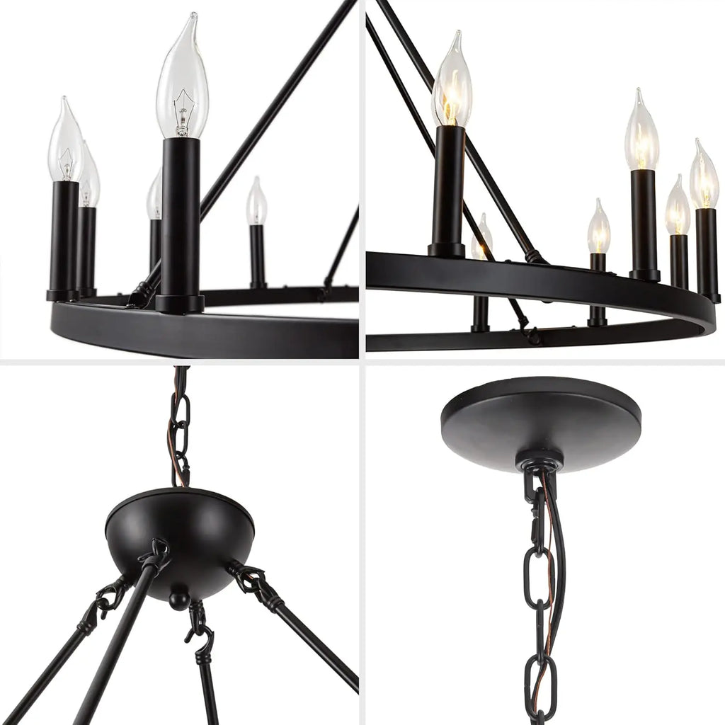16-Light Black Wagon Wheel Chandelier Large Farmhouse Chandelier, Round Rustic Lighting, Farmhouse Light Fixture