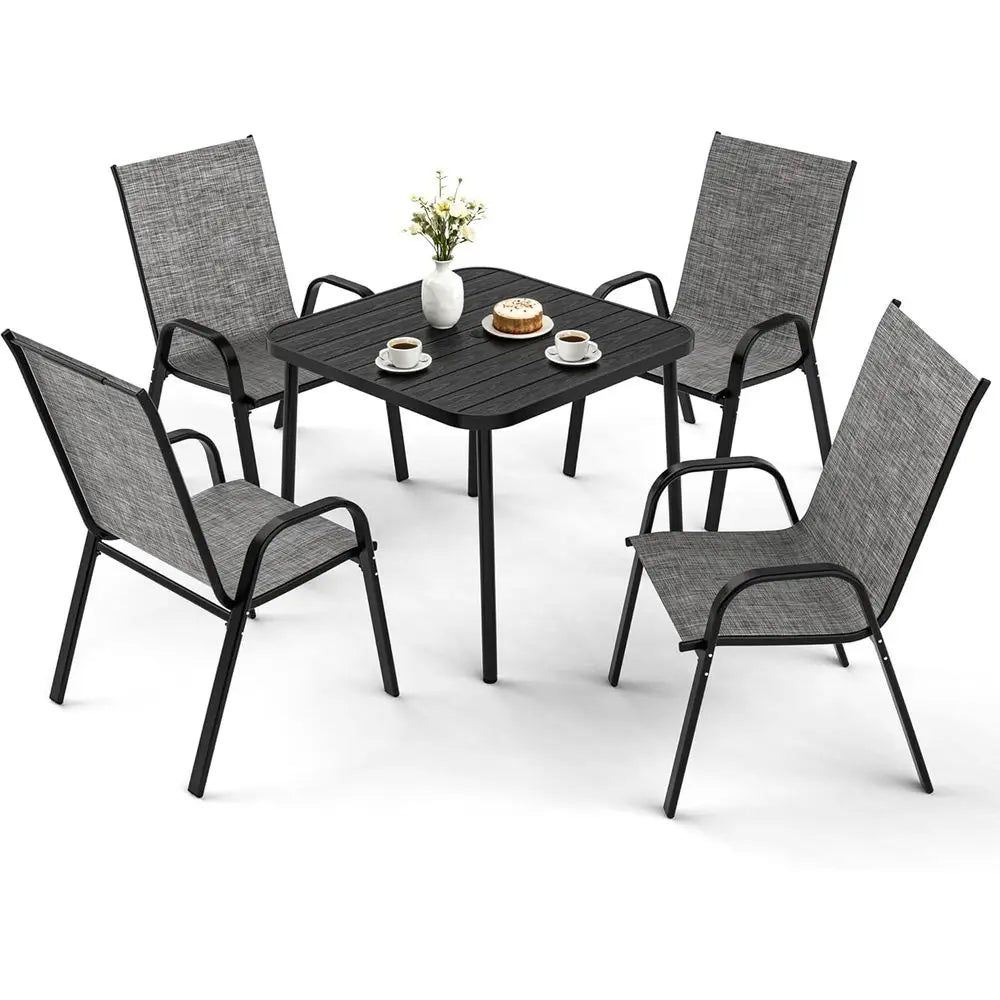 Outdoor Dining Sets or 4, Square Steel Slat Table with 4 Textilene Chairs, 5 Piece Patio Table and Chairs Set with Adjustable Um
