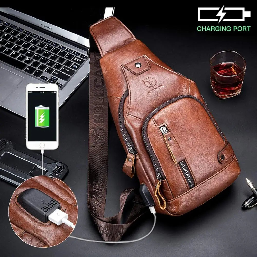 Genuine Leather Sling Bag with USB Charging Port Multi-pocket Chest Bag for Men Hiking Travel Daypack XB-129