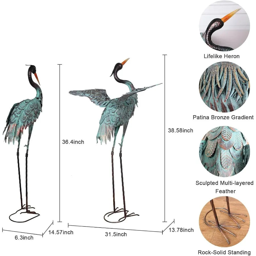 Garden Decor Outdoor Statues 38"/36" Large Metal Heron Standing Yard Art Blue Crane Lawn Sculptures Garden Decor for Outside Pa