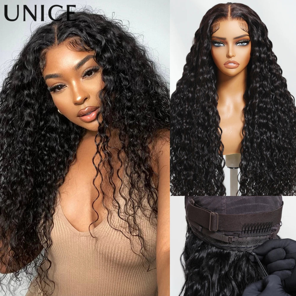 Unice Hair Drawstring Cap 7x5 & 13x4 Water Wave Human Hair Wig With Baby Hair Pre Cut Pre Bleached Pre Plucked Glueless Wigs