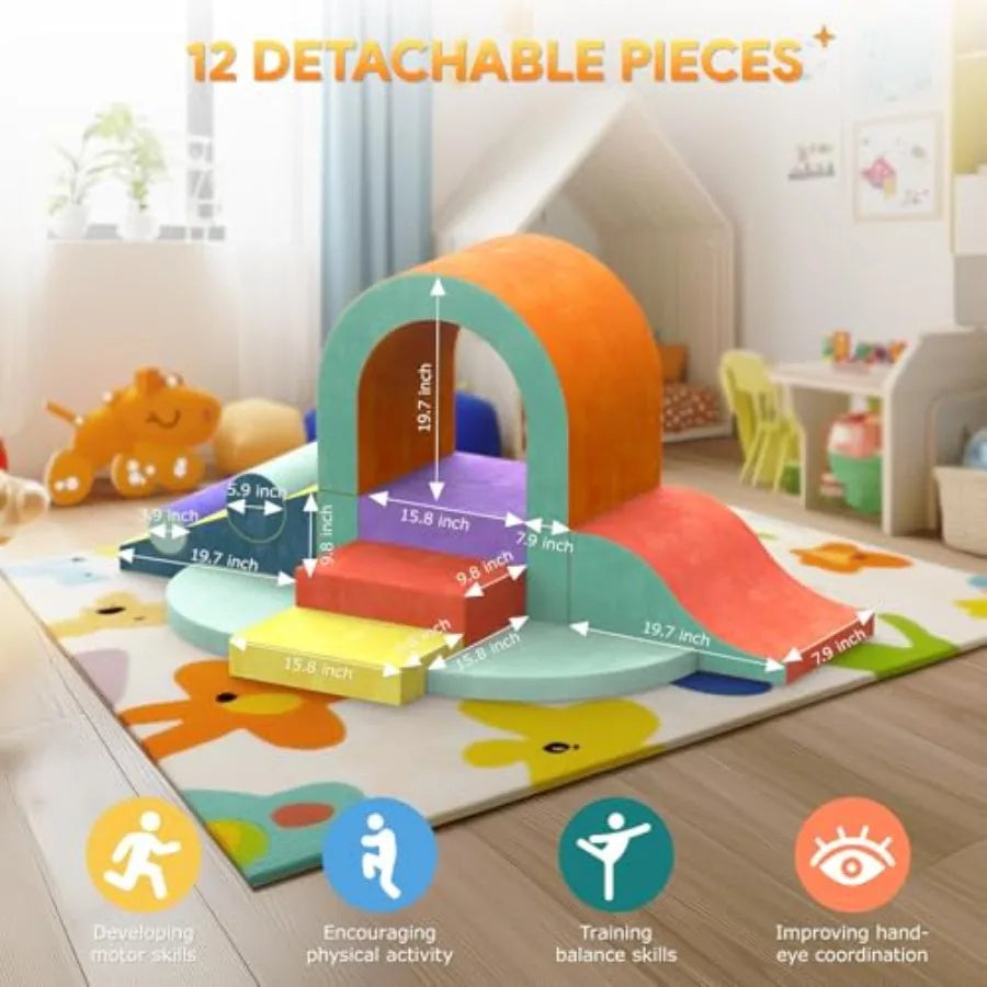 Foam Climbing Blocks for Toddlers 12 PCS Colourful Toddler Climbing Toys Indoor Soft Play Set with Toy Car Flexible Crawling