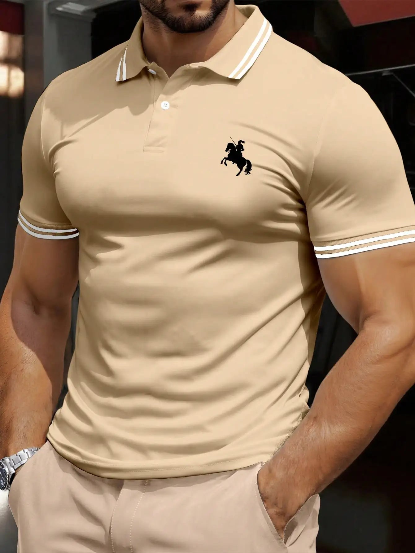 Men's Beige Short Sleeve Polo Shirt with Horse Rider Embroidery and Striped Trim