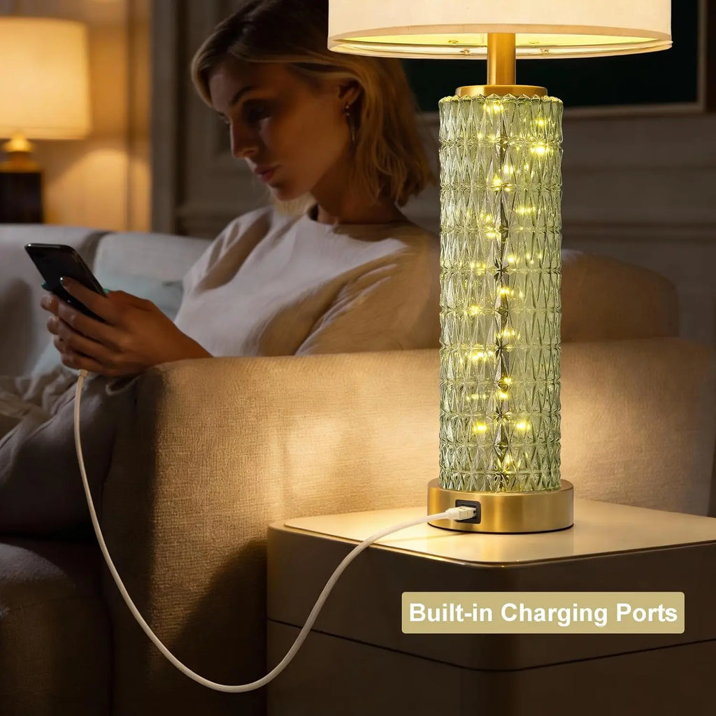 Set of 2 Modern Green Table Lamps with USB Ports and Night Light, 27.75" Height for Bedroom, Living Room, Desk (Bulbs Included)