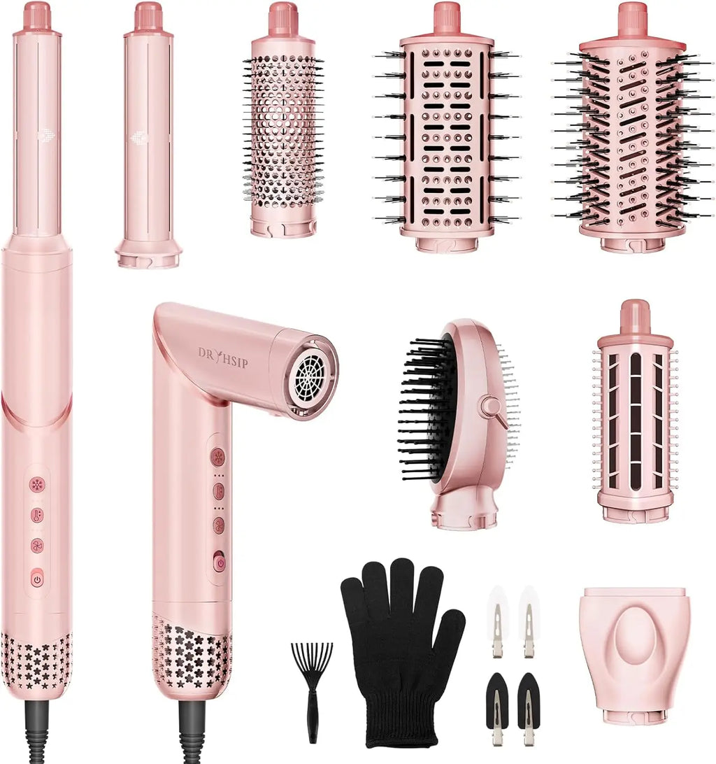 8-in-1 Foldable Hair Styler and Dryer with Ionic Technology for Fast Drying, Curling, Straightening in Pink