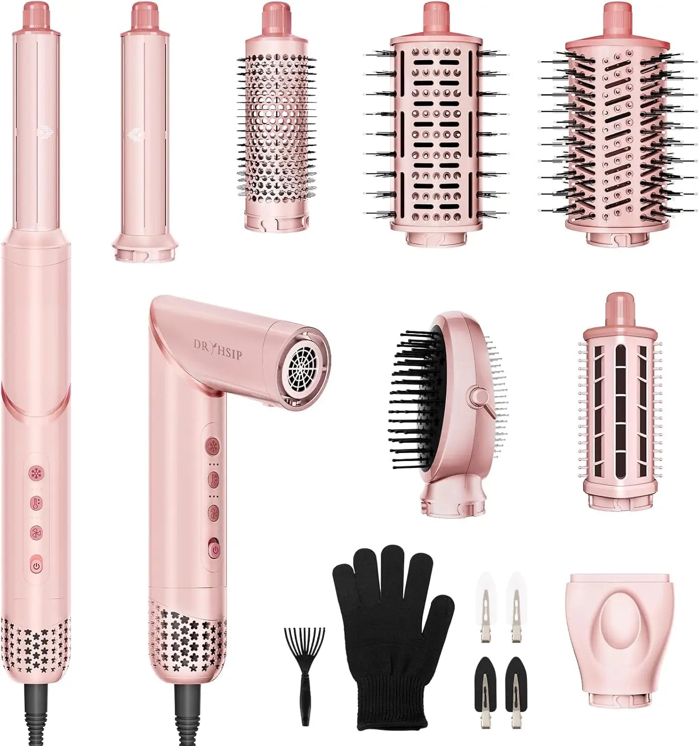 8-in-1 Foldable Hair Styler and Dryer with Ionic Technology for Fast Drying, Curling, Straightening in Pink