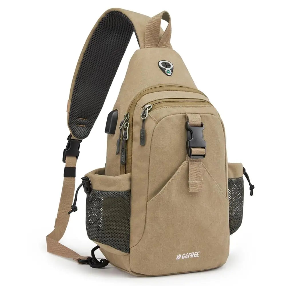 Canvas Sling Bag Crossbody Backpack with USB Charging Port & RFID Blocking, Hiking Daypack Chest Bag for Women Men