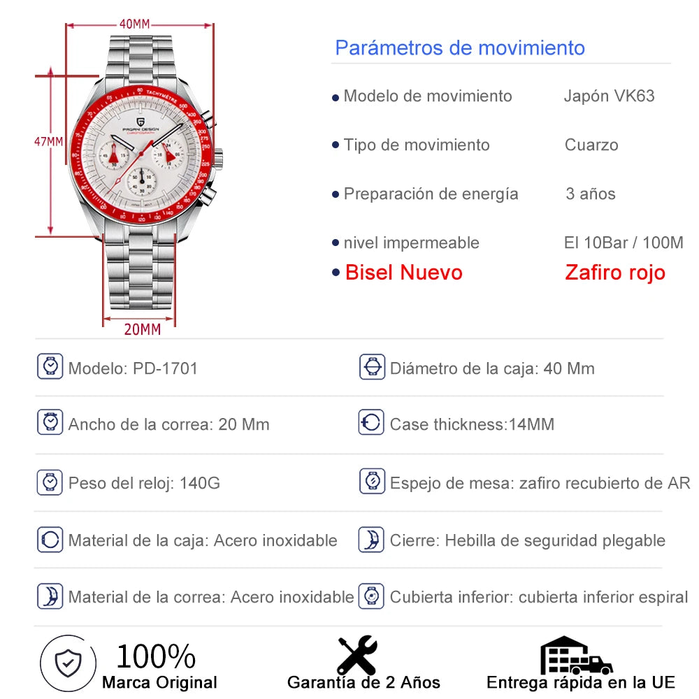 2026 New PAGANI DESIGN Moon Blue Men's Watches Luxury Quartz Watch For Men Chronograph AR Sapphire Waterproof VK63 Men Clock