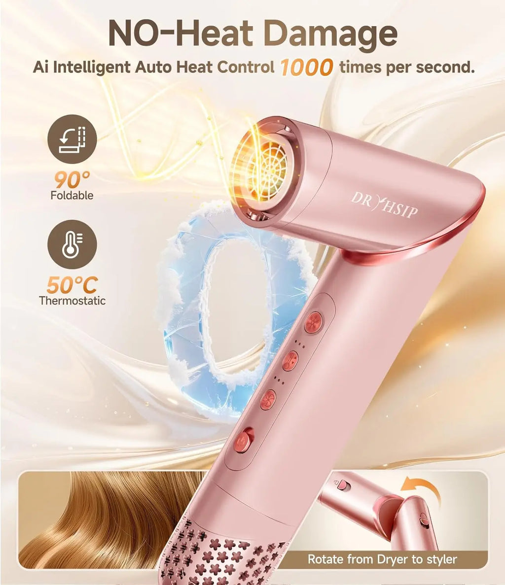 8-in-1 Foldable Hair Styler and Dryer with Ionic Technology for Fast Drying, Curling, Straightening in Pink