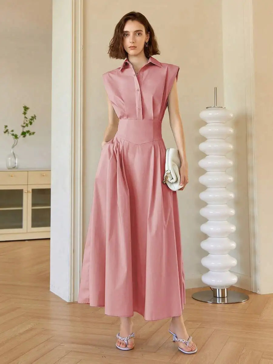 Women's Light Blue Sleeveless Collared Midi Dress, A-Line Fit, Elegant Business Casual Style
