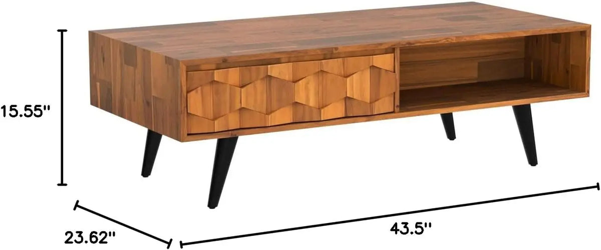 BestsellerSolid Wood Coffee Table, 2 Drawers & Open Shelves, Mid Century Modern Center Table, 110 cm, Teak Brown, Pre-Assembled