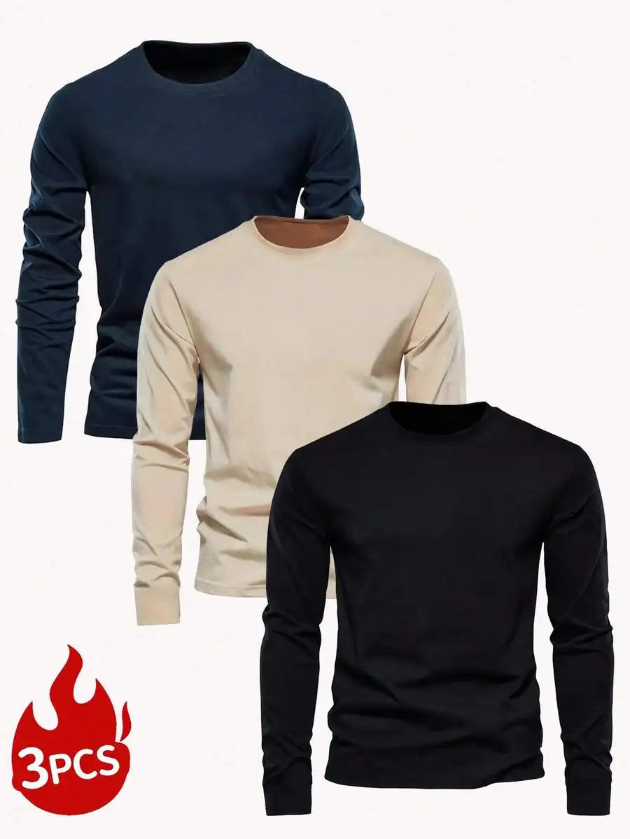 3-Pack Men's Solid Color Round Neck Slim Fit Long Sleeve T-Shirts for Casual Daily Wear