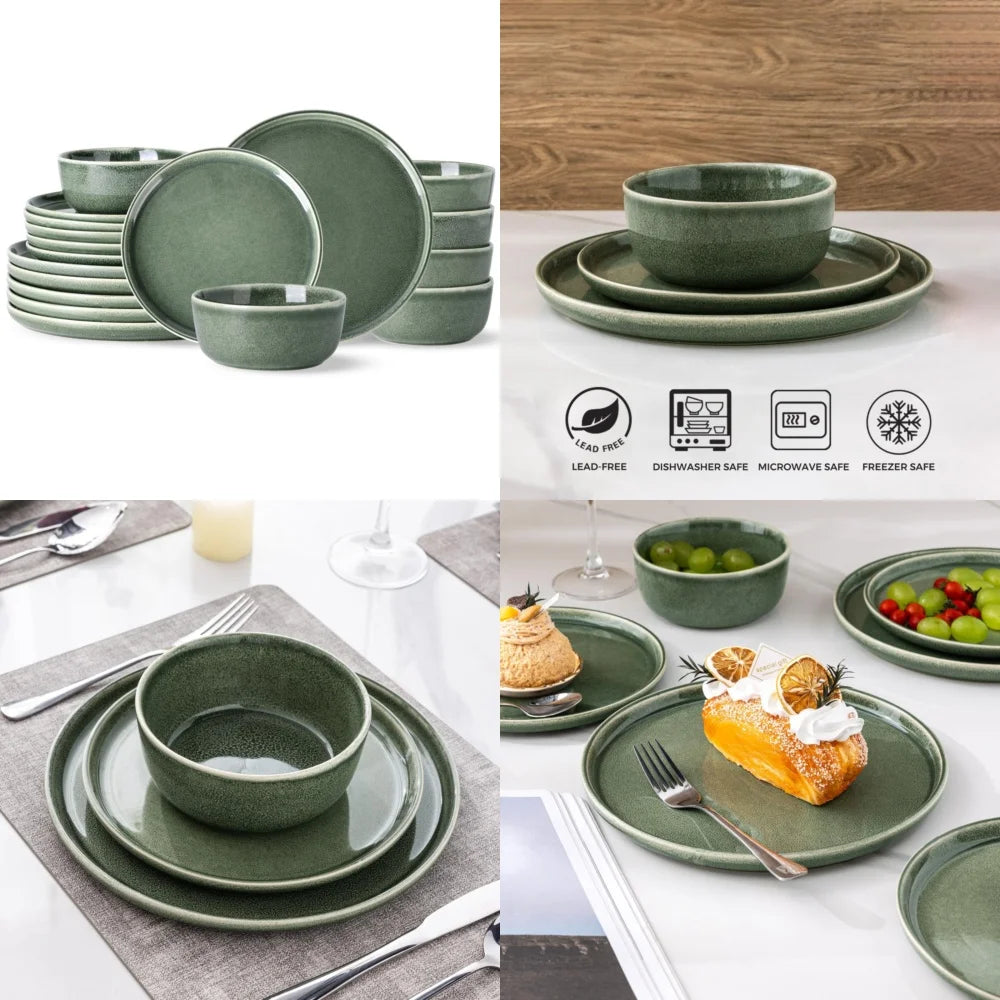 Ceramic Tableware SetStoneware Dinnerware Set Round Reactive Glaze Ceramic Plates Bowls Modern Tableware for Family Dining