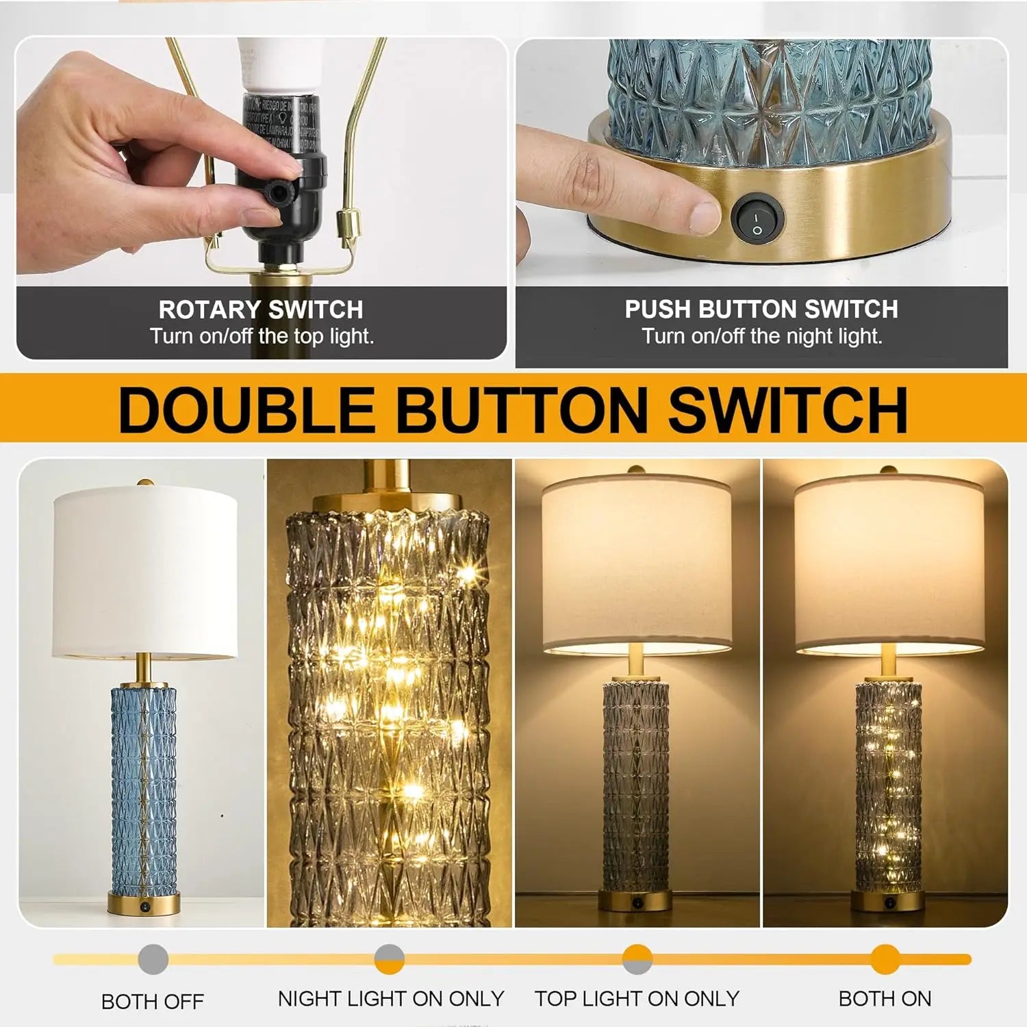 Set of 2 Blue Modern Table Lamps with LED Night Light, USB Ports for Living Room and Bedroom (Bulbs Included)
