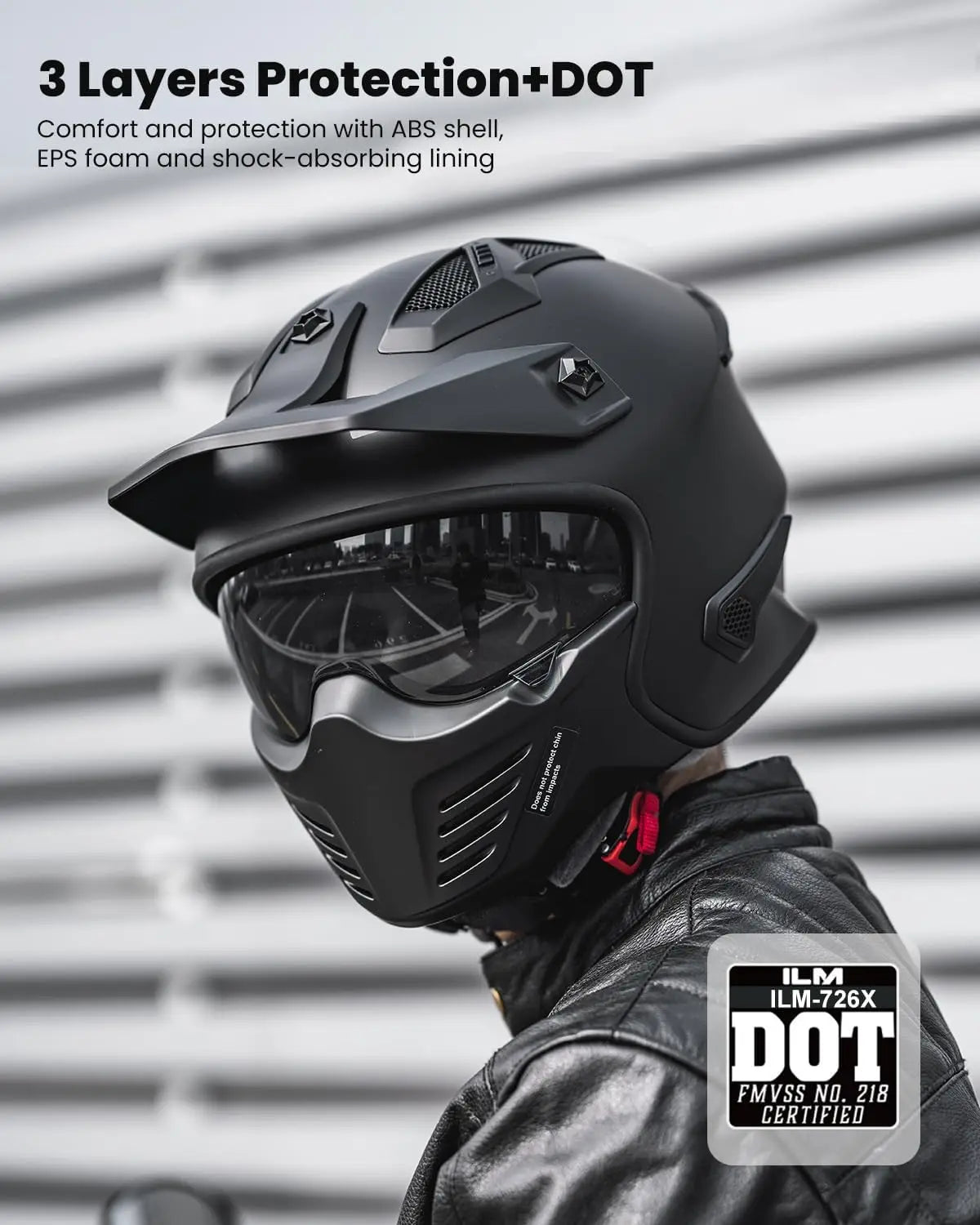 3/4 Open Face Helmet for Off-Road Bikes, Mopeds, ATVs, UTVs, Motocross, Cruisers, Scooters - DOT Approved, Matte Black, Large
