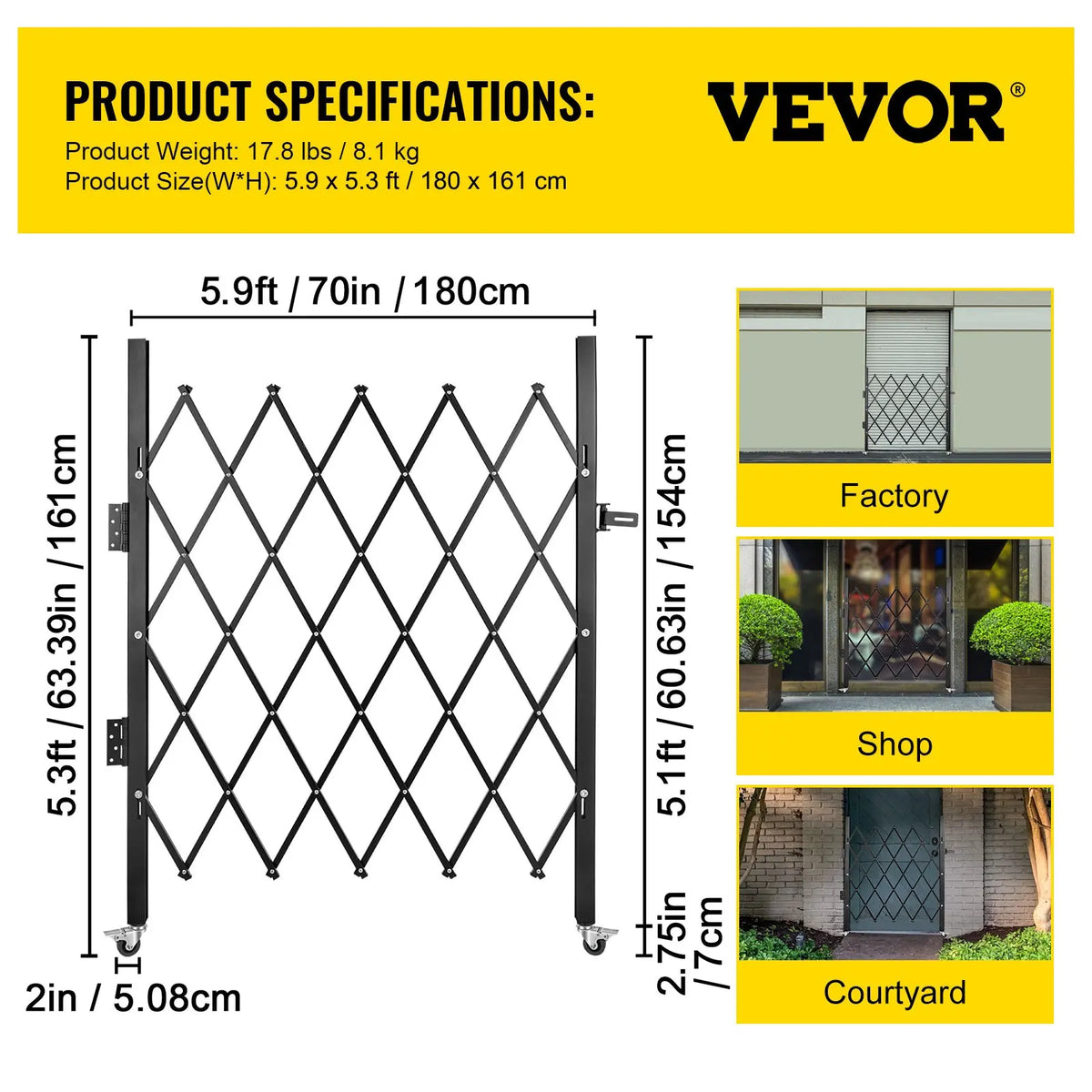 Single Folding Security Gate, 5.1'H X 5.9'W Folding Door Gate, Steel Accordion Security Gate, Flexible Expanding Security Gate,