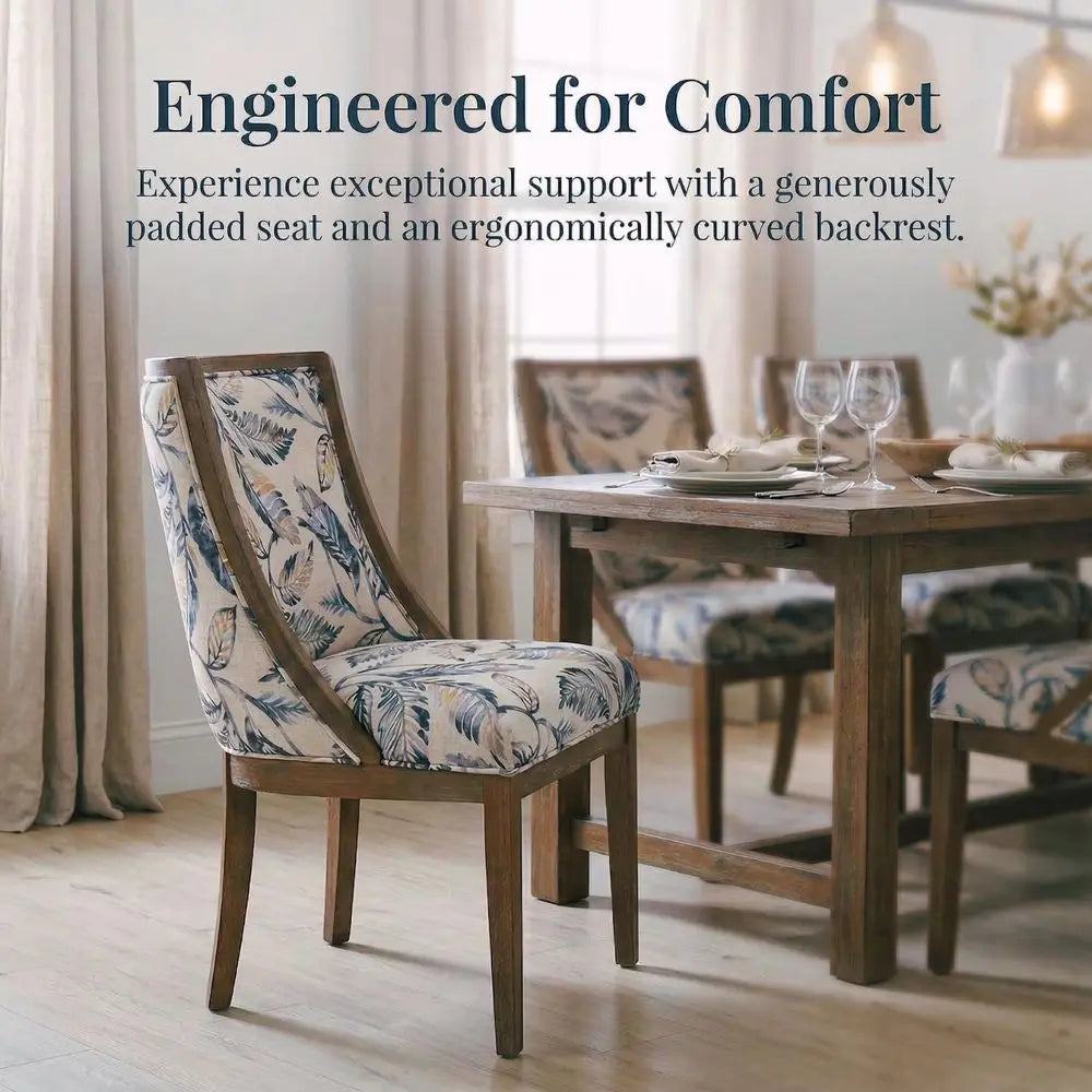 Upholstered Dining Chairs Set of 2, Curved High Back, Walnut Legs, Linen Floral Padded Seat