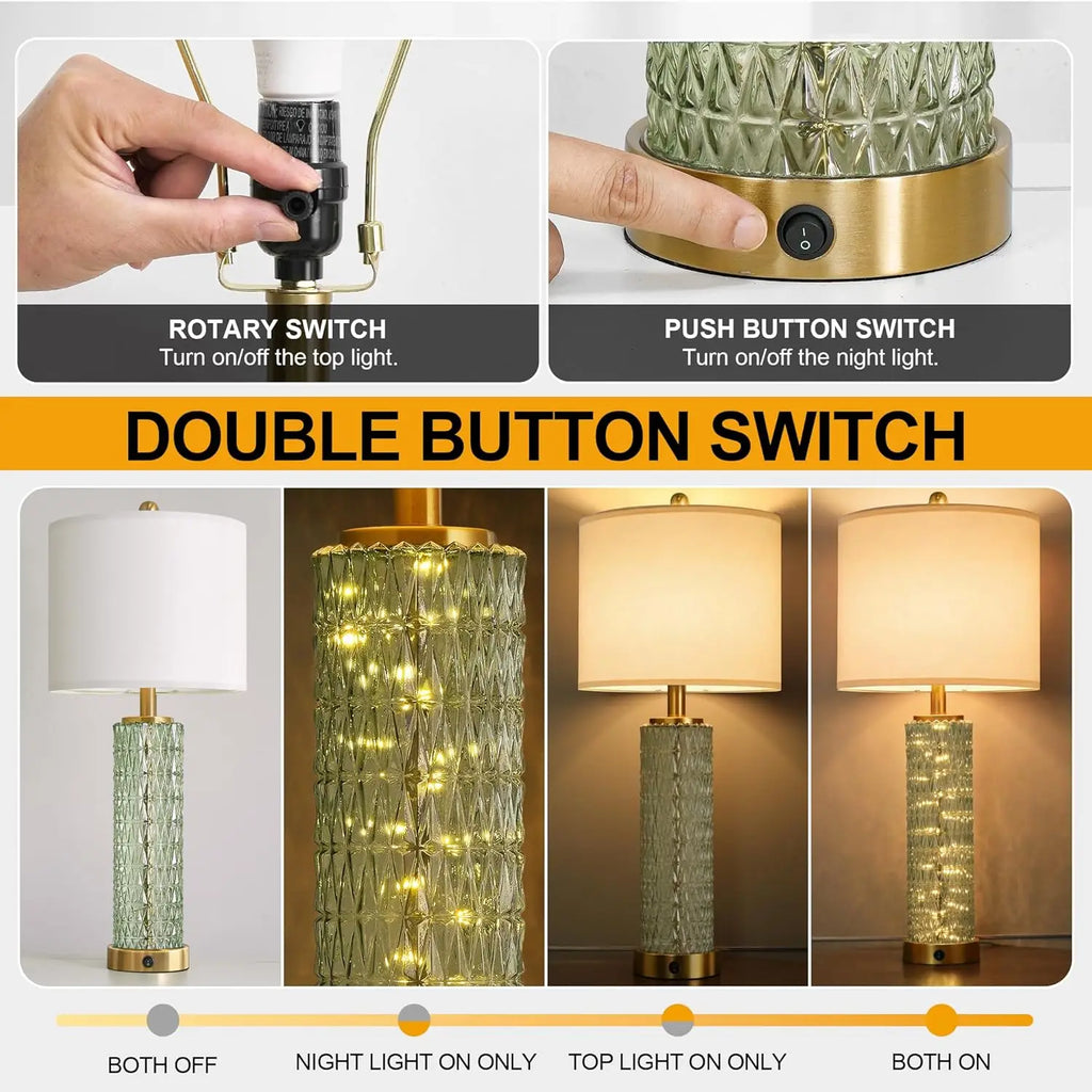 Set of 2 Modern Green Table Lamps with USB Ports and Night Light, 27.75" Height for Bedroom, Living Room, Desk (Bulbs Included)