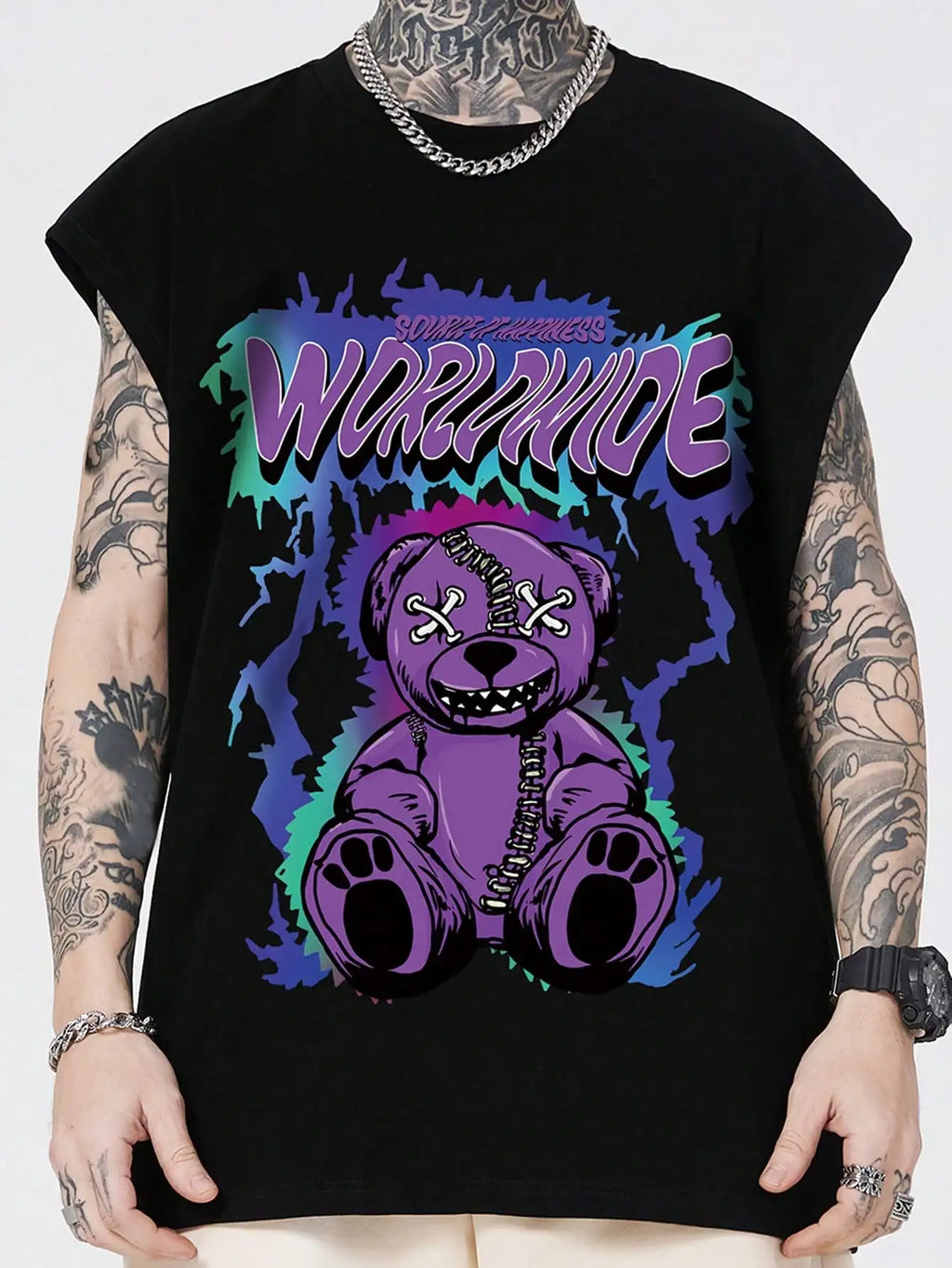 Men's Black Sleeveless Graphic Tank Top with Purple Stuffed Bear Print, Gothic Punk Style