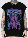 Men's Black Sleeveless Graphic Tank Top with Purple Stuffed Bear Print, Gothic Punk Style