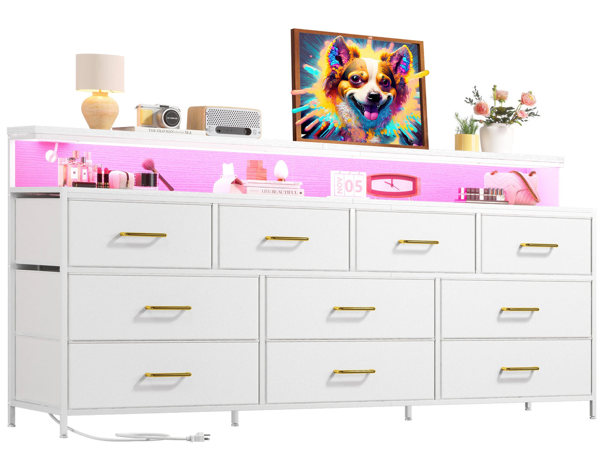 55" Wide Smart Dresser with LED Lights & Power Outlets – 10 Fabric-Drawer Storage & Metal Frame for Bedroom Organization