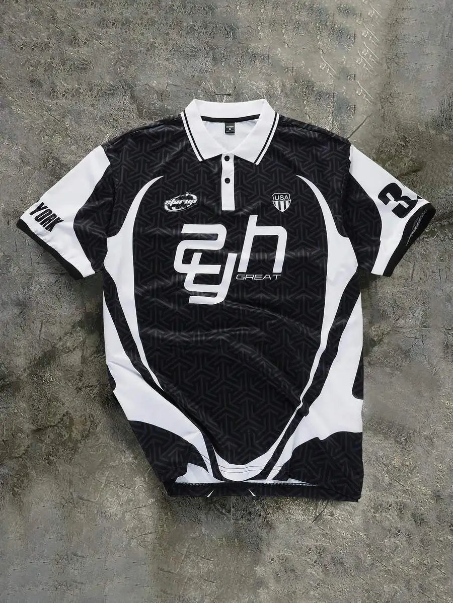 Men's Black White Graphic Print Polo Shirt, Loose Fit Y2K Streetwear Style