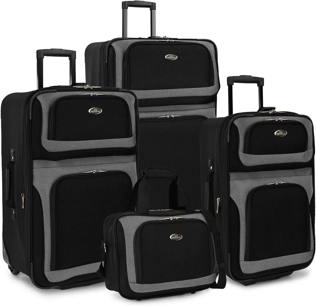 Lightweight Expandable Rolling Luggage Set, Black, 4-Piece with Durable Fabric and Smooth Wheels