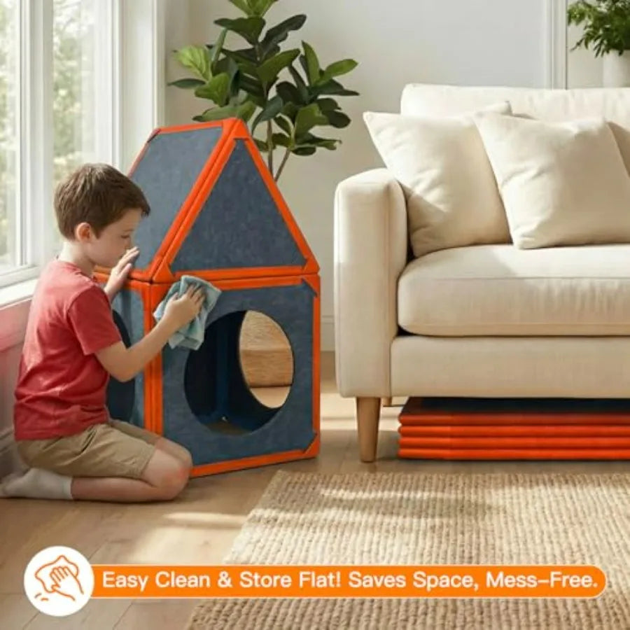 16-Piece Magnetic Fort Building Panels for - Bright Orange Creative STEM Building Blocks Kit for Indoor Playhouse Tunnels Struc