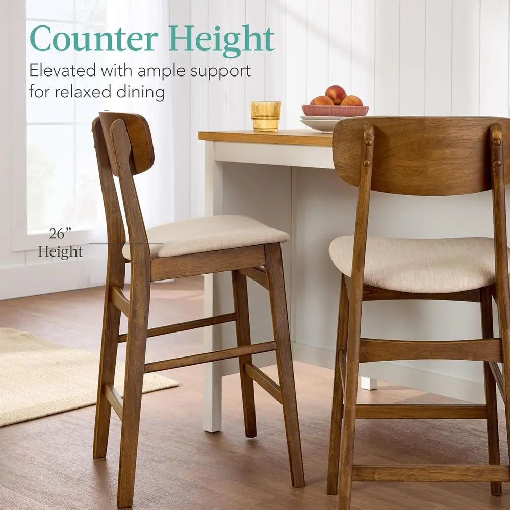 Upholstered Counter Height Stool Set of 2 with Wooden Curved Backrest, Walnut and Cream