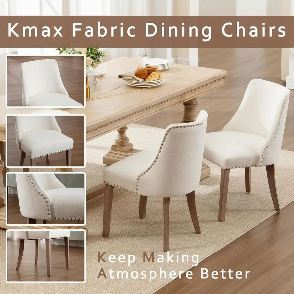 Upholstered Side Chairs Set of 2 with Nailhead Trim and Wooden Legs for Dining or Living Room, Cream