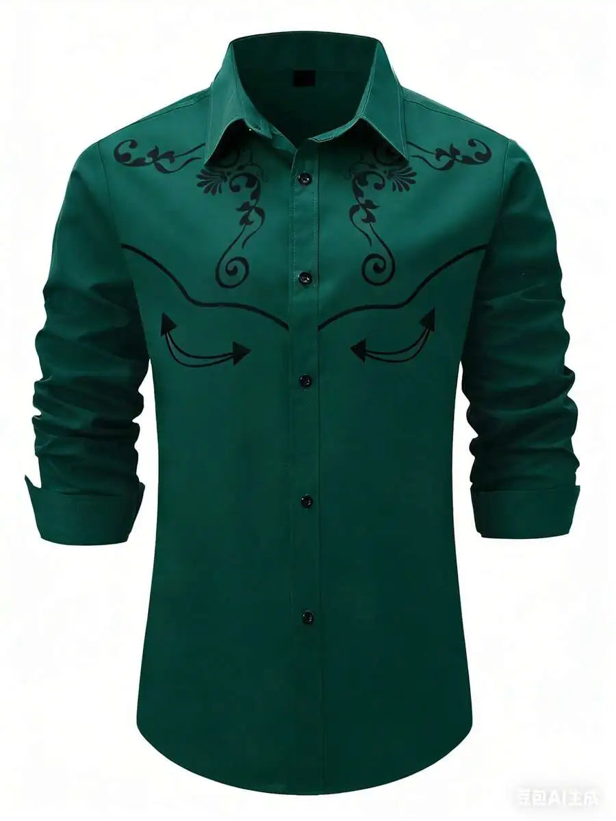 Men's Western Style Contrast Color Embroidered Yoke Shirt, Long Sleeve Casual Top