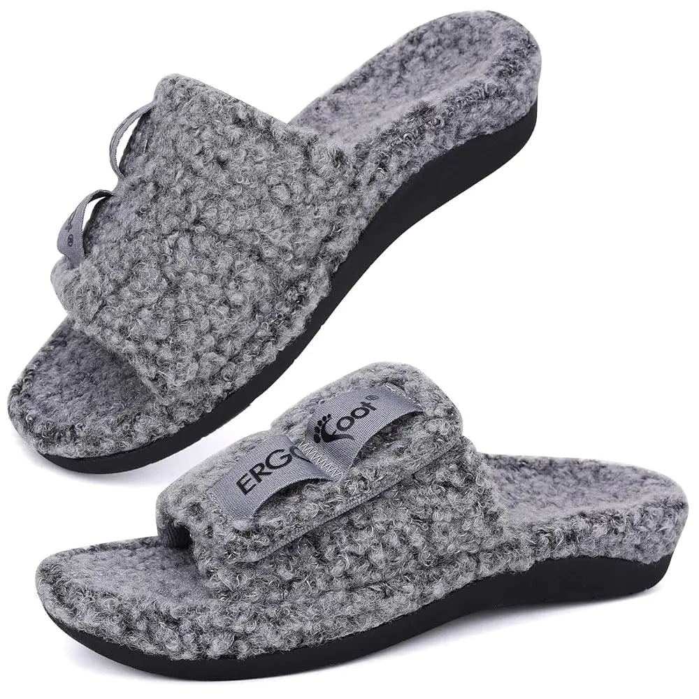 Fuzzy House Slippers with Arch Support for Women Men, Orthopedic Slide Slippers for Plantar Fasciitis Open Toe Indoor House
