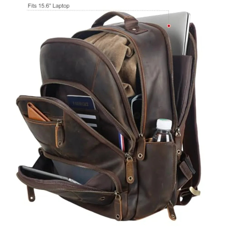 Leather Laptop Travel Backpack for Men Fits 15.6 16 Computer Large Business Work Bag Vintage Overnight Weekender Daypack Campin