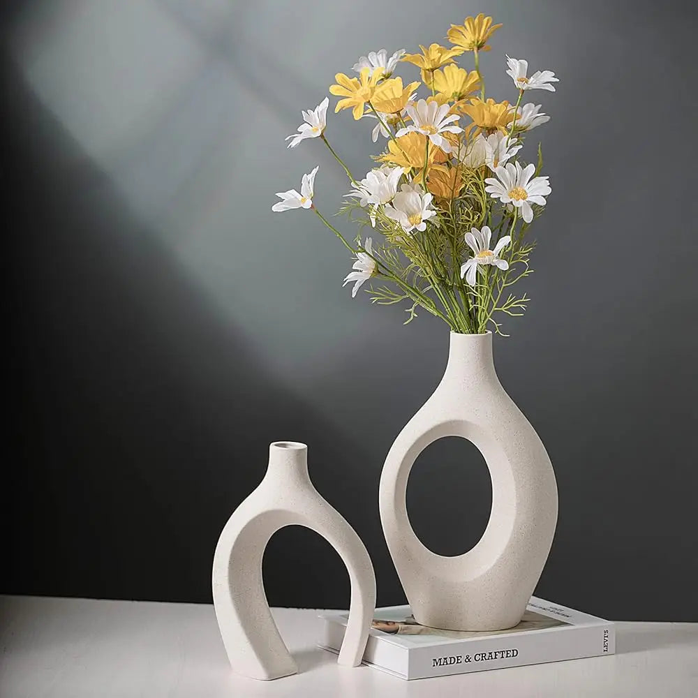 Extra Large Hollow Nordic Modern Ceramic Vases Set of 2, Milky White Aesthetic Round Donut Boho ins Style Flower Decorative