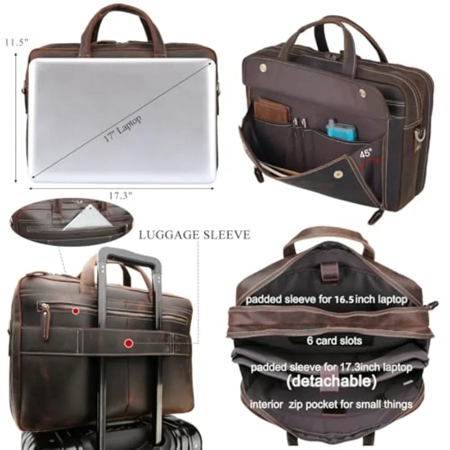 Masa Kawa Leather Briefcase for Men 15.6 17 Laptop Computer Case Business Travel Work Messenger Cross Body Shoulder Bag