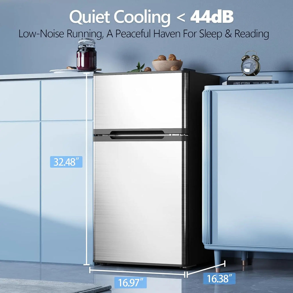2.5 Cu.Ft Mini Fridge with Freezer, Double-Door Compact Refrigerator for Apartment/Dorm/Office, Silver