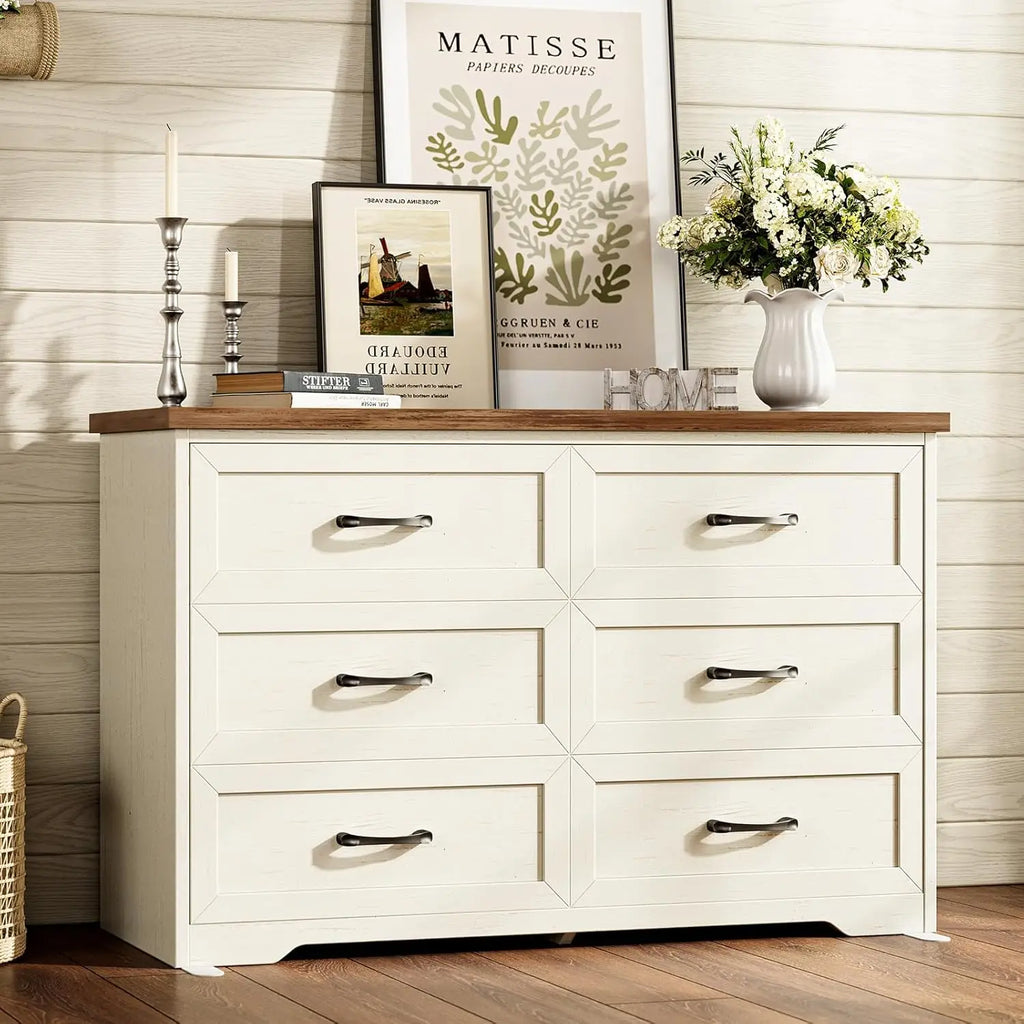 Farmhouse 6 Drawer Dresser for Bedroom, 47” Wide Rustic Storage Dresser with Engineered Wood Frame, Anti-Tip Safety, Customized