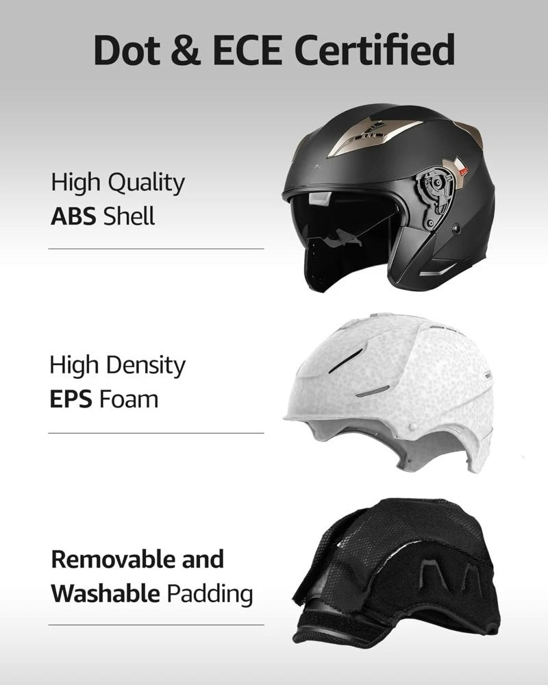 DOT Approved Open Face 3/4 Motorcycle Helmet Dual Visor Quick Release for Adults Men Women Moped Scooter Street Riding