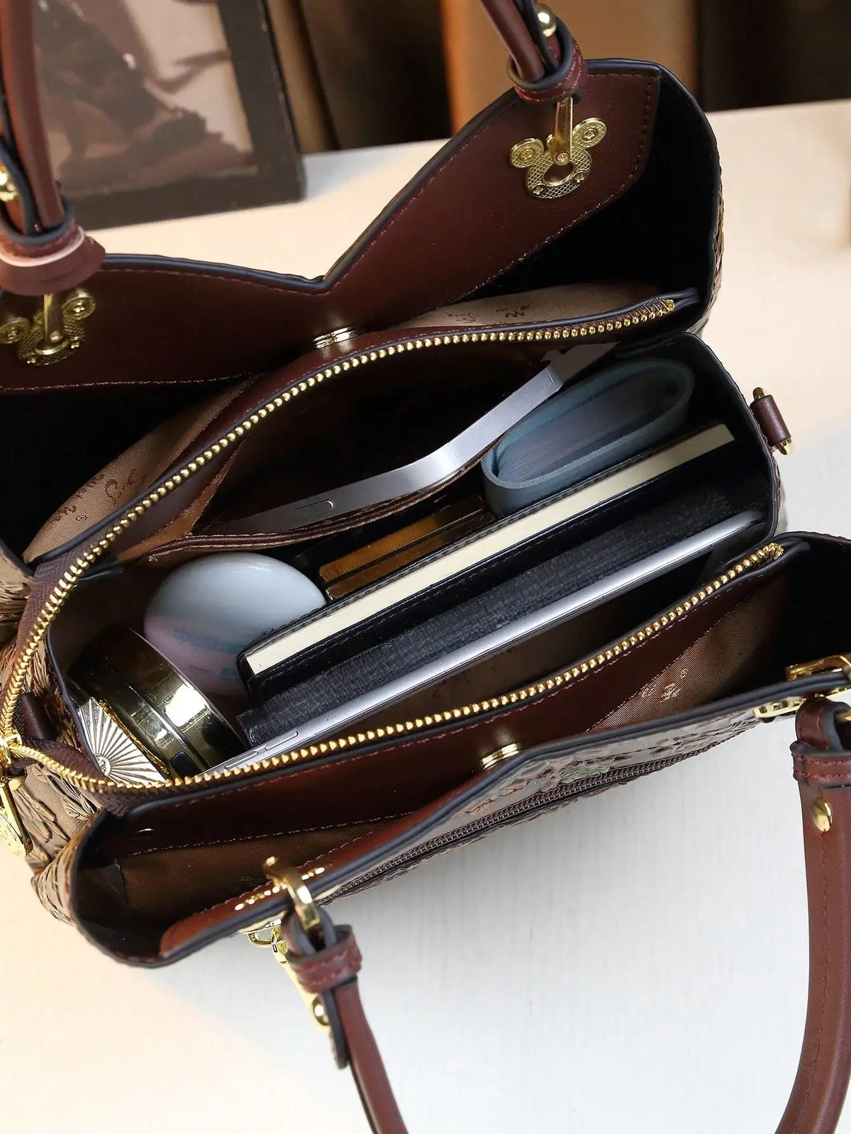 Vintage-Style Embossed Floral Leather Top-Handle Handbag for Women