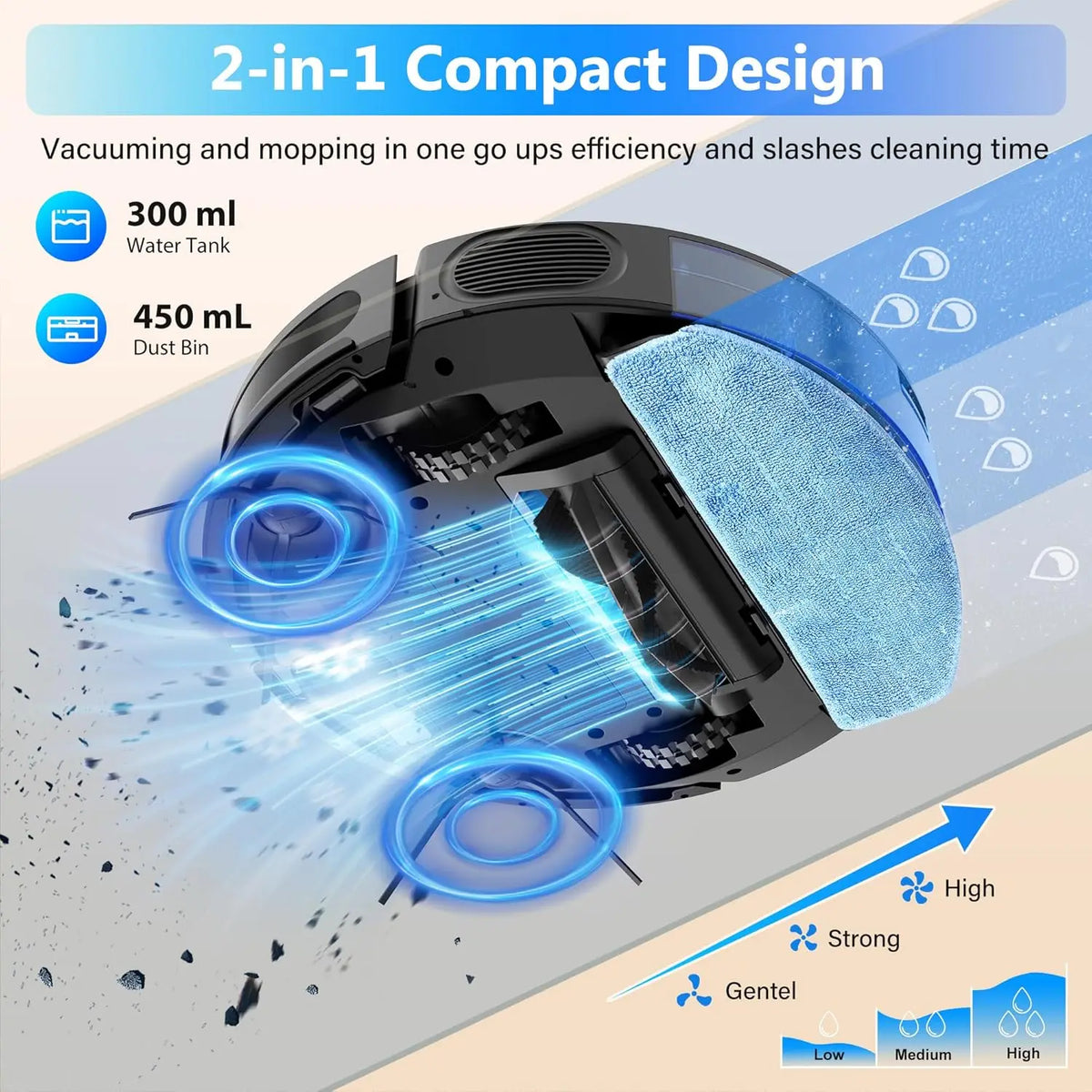 Robot Vacuum and Mop Combo, 5000Pa Suction, 150 Min Runtime, App Control for Hard Floors and Carpets