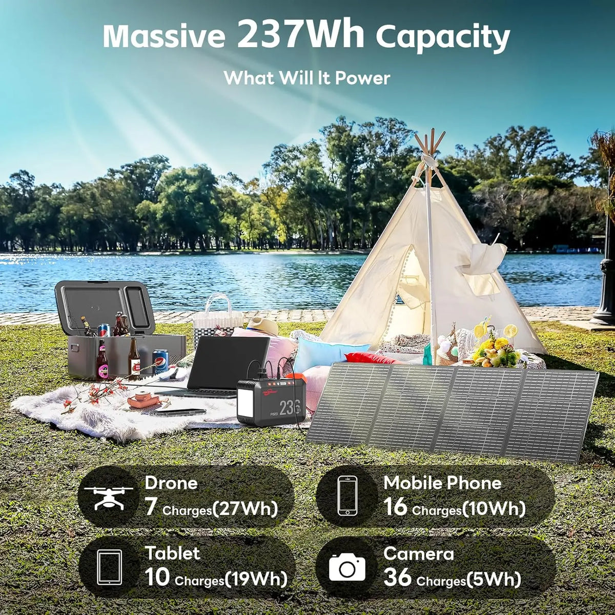 300W Portable Solar Generator with 236Wh Battery and 60W Foldable Panel - Pure Sine Wave for Camping, Emergency, Home Use