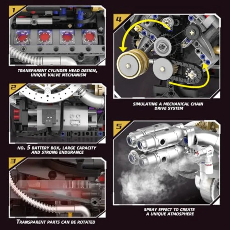 V8 Engine Model Kit Building Set That Runs Technic with APP Control Motor and Light Spray Collectible Mechanical Engineering fo