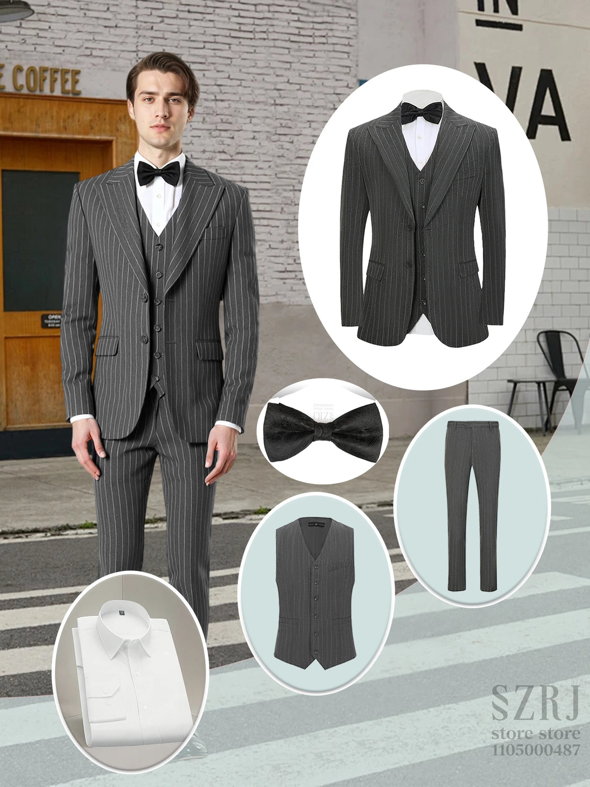 Men's 5-piece vertical striped suit+double button jacket+pants+white shirt+black tie, suitable for wedding/business/daily wear
